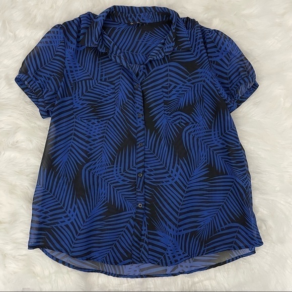 George Short Sleeve Button Down Blouse, Black and Blue Palm Leaf Print, Size XL​ - Picture 1 of 5
